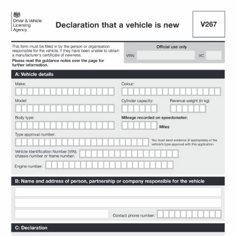 Document preview: Declare that a vehicle is new (form V267) — Driver and Vehicle Licensing Agency, United Kingdom