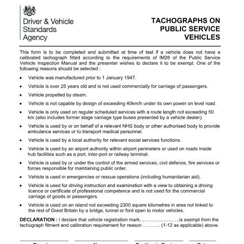 Document preview: Declare a public service vehicle (PSV) does not need a tachograph — Driver and Vehicle Standards Agency, United Kingdom