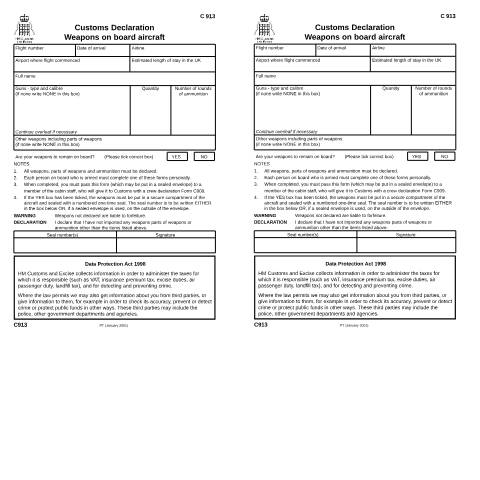 Document preview: Declare any weapons on board an aircraft (C913) — HM Revenue & Customs, United Kingdom