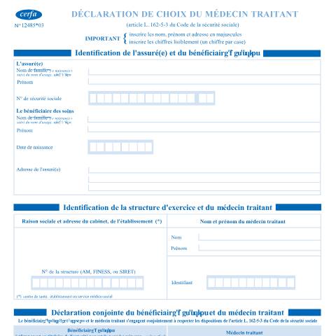 Aperçu du document Déclarer son médecin traitant — Particuliers, France (CERFA n°12485*03)