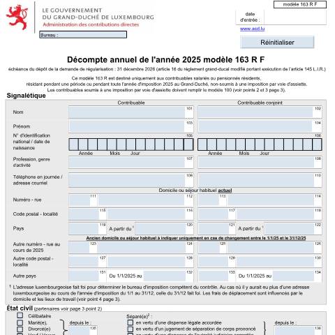 Aperçu du document Décompte annuel (salariés ou pensionnés résidents ) — Formulaires fiscaux, Luxembourg (CERFA n°163 R F)