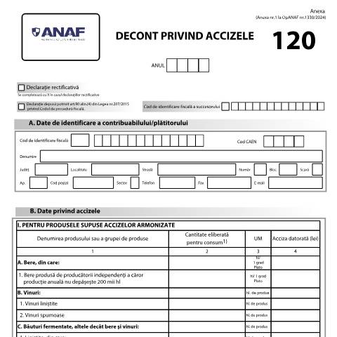 Document preview: Decont privind accizele (OPANAF 1330/2024) — Declarații informative, România (CERFA n°120_A1_OPANAF_326_2026)