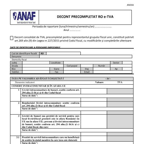 Document preview: Decont precompletat RO e-TVA (OPANAF 2351/2025) — Documente emise, România (CERFA n°DecontPrecompletatROeTVA_OPANAF_2351_2025)