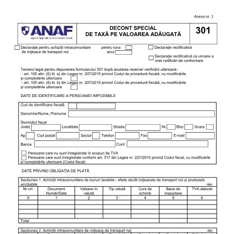 Document preview: Decont special de taxă pe valoarea adăugată (OPANAF 592/2016, cu modificările și completările ulterioare) — Declarații impunere, România (CERFA n°301_OPANAF_779_2024)
