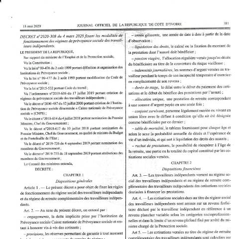 Aperçu du document Decret n-¦2020-308 du 4 mars 2020 fixant les modalités de fonctionnement des régimes de prévoyance sociale des travailleurs (2) — Document CNPS (prévoyance sociale), Côte d'Ivoire