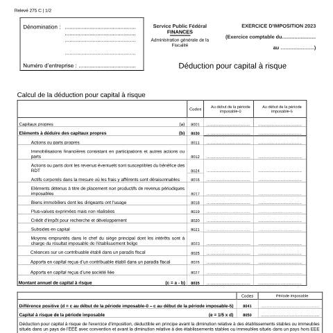 Aperçu du document Déduction pour capital à risque (PDF, 240.17 Ko) — SPF Finances, Belgique (CERFA n°121-275-c)