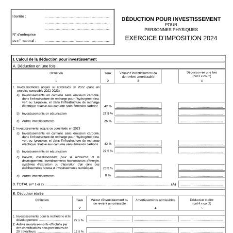 Aperçu du document Déduction pour investissement — IPP INR/pers.phys., Belgique (CERFA n°155-276u)