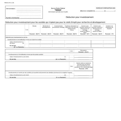 Aperçu du document Déduction pour investissement (PDF, 300.65 Ko) — SPF Finances, Belgique (CERFA n°121-275-u)