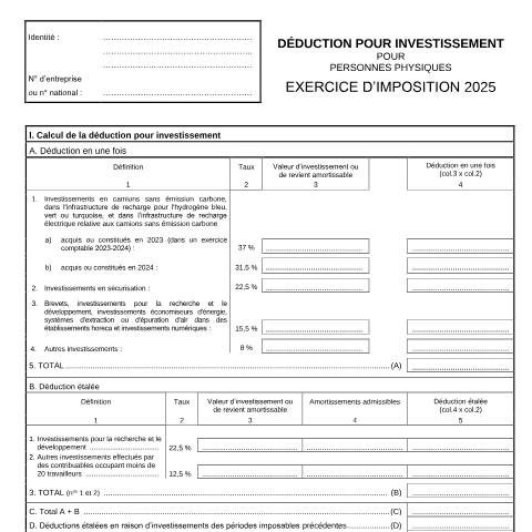 Aperçu du document Déduction pour investissement — IPP INR/pers.phys., Belgique (CERFA n°155-276u)