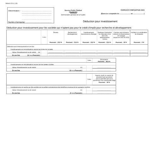 Aperçu du document Déduction pour investissement (PDF, 319.8 Ko) — SPF Finances, Belgique (CERFA n°121-275-u)