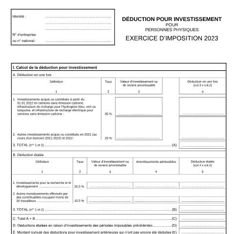 Aperçu du document Déduction pour investissement — SPF Finances, Belgique (CERFA n°155-276u)