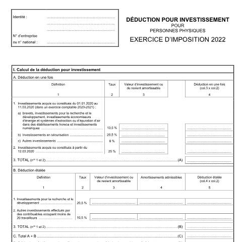 Aperçu du document Déduction pour investissement — SPF Finances, Belgique (CERFA n°155-276u)