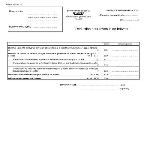 Aperçu du document Déduction pour revenus de brevets (PDF, 148.82 Ko) — SPF Finances, Belgique (CERFA n°121-275-p)