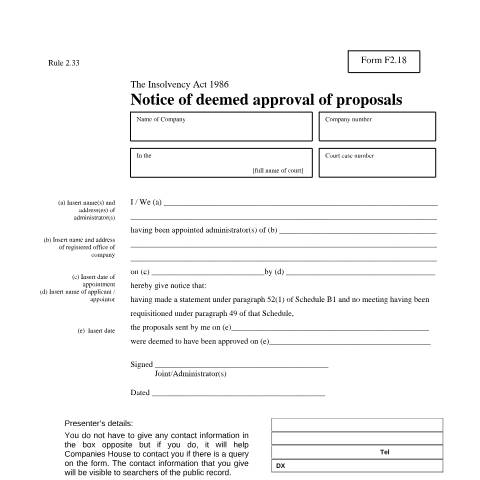 Document preview: Give notice of deemed approval of proposals (F2.18) — Companies House, United Kingdom