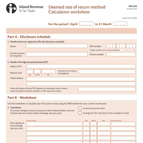Document preview: Deemed rate or return method calculation worksheet — Income tax, New Zealand (CERFA n°IR443A)