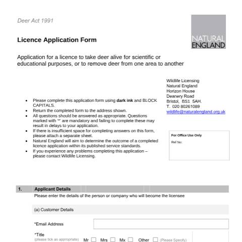 Document preview: Deer: apply for a licence to take them alive — Natural England, United Kingdom