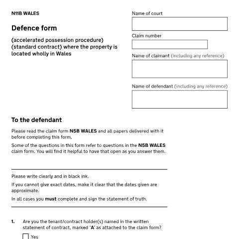 Document preview: Defend an accelerated possession claim on a standard contract where the property is located wholly in Wales: Form N11B Wales — HM Courts & Tribunals Service, United Kingdom