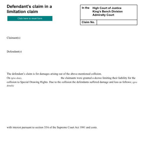 Document preview: Defendant's claim in a limitation claim: Form ADM20 — HM Courts & Tribunals Service, United Kingdom