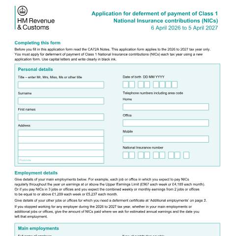 Document preview: Defer payment of Class 1 National Insurance contributions (CA72A) — HM Revenue & Customs, United Kingdom