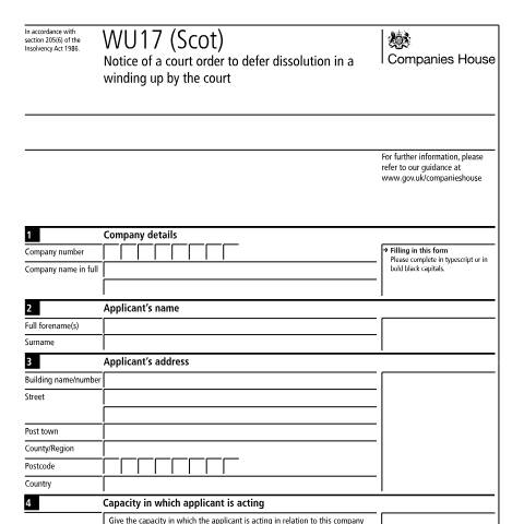 Document preview: Defer the dissolution of a Scottish company in a winding up by the court: WU17 (Scot) — Companies House, United Kingdom