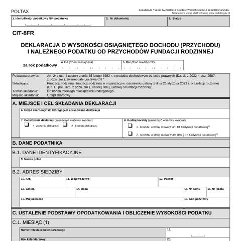 Document preview: Deklaracja o wysokości osiągniętego dochodu (przychodu) i należnego podatku od przychodów fundacji rodzinnej — CIT, Polska (CERFA n°CIT-8FR)