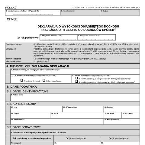 Document preview: Deklaracja o wysokości osiągniętego dochodu i należnego ryczałtu od dochodów spółek — CIT, Polska (CERFA n°CIT-8E)