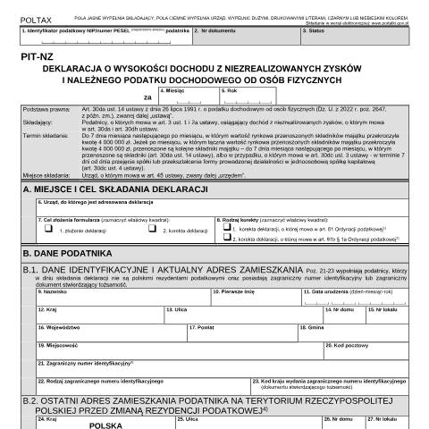 Document preview: Deklaracja o wysokości dochodu z niezrealizowanych zysków. — PIT, Polska (CERFA n°PIT-NZ)