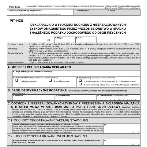 Document preview: Deklaracja o wysokości dochodu z niezrealizowanych zysków osiągniętego przez przedsiębiorstwo w spadku. — PIT, Polska (CERFA n°PIT-NZS)