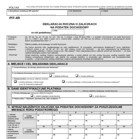 Document preview: Deklaracja roczna o zaliczkach na podatek dochodowy — PIT, Polska (CERFA n°PIT-4R)