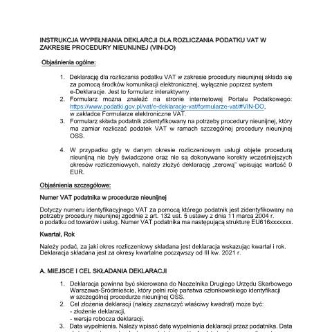 Document preview: Deklaracja dla rozliczania podatku VAT w zakresie procedury nieunijnej — VAT, Polska (CERFA n°VIN-DO (OSS))