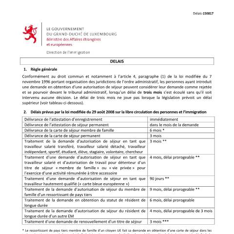 Aperçu du document Délais prévus pour le traitement d'une demande ou la délivrance d'un document — Immigration documents communs, Luxembourg (CERFA n°delais-traitements)