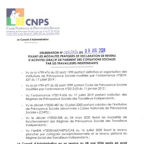 Aperçu du document DELIBERATION N° 004 FIXANT LES MODALITES PRATIQUES DE DECLARATION DE REVENU D’ACTIVITE (DRA) ET DE PAIEMENT DES COTISATIONS DES TI — Document CNPS (prévoyance sociale), Côte d'Ivoire