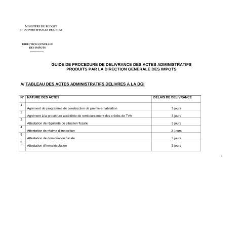 Aperçu du document DLCD TABLEAU DE DELIVRANCE DES ACTES ADMINISTRATIFS A LA DGI — Guide de procédure, Côte d'Ivoire