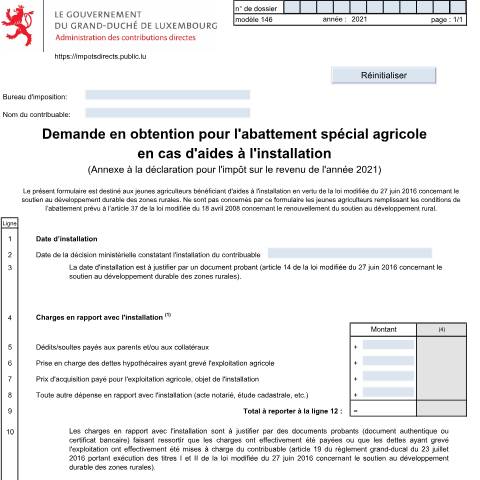 Aperçu du document Demande pour l'abattement spécial agricole en cas d'aides à l'installation — Annexes et bonifications d'impôt, Luxembourg (CERFA n°146 F)