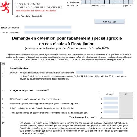 Aperçu du document Demande pour l'abattement spécial agricole en cas d'aides à l'installation — Annexes et bonifications d'impôt, Luxembourg (CERFA n°146 F)