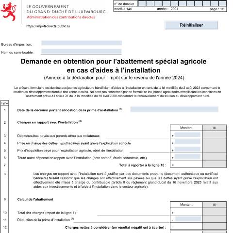 Aperçu du document Demande pour l'abattement spécial agricole en cas d'aides à l'installation — Annexes et bonifications d'impôt, Luxembourg (CERFA n°146 F)