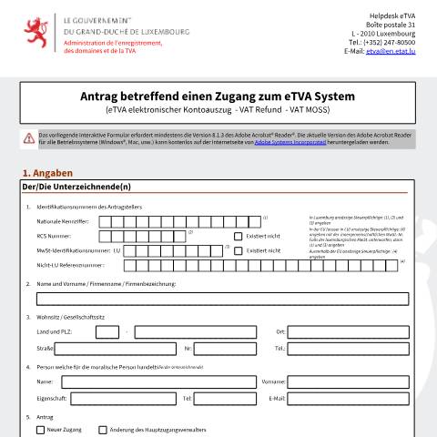 Aperçu du document de Antrag betreffend einen Zugang zum eTVA System — Tva, Luxembourg (CERFA n°acces-etva)