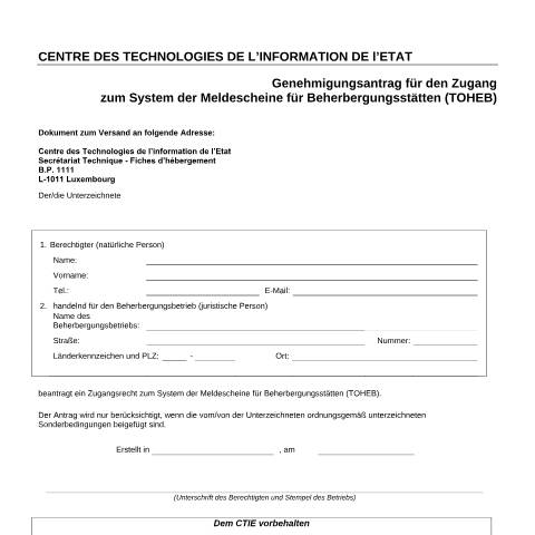 Aperçu du document de Genehmigungsantrag für den Zugang zum System der Meldescheine für Beherbergungsstätten (TOHEB) — Horeca, Luxembourg (CERFA n°acces-systeme-toheb)