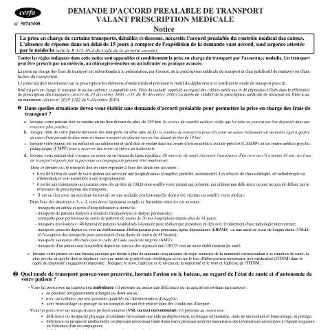 Aperçu du document Demande d'accord préalable de transport - prescription médicale de transport — Particuliers, France (CERFA n°11575*08)