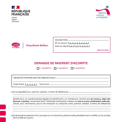 Aperçu du document Propriétaire bailleur : demander à l’Anah le versement d'un acompte pour commencer les travaux — Particuliers, France (CERFA n°13466*03)