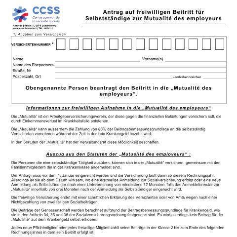 Aperçu du document de Antrag auf freiwilligen Beitritt für Selbstständige zur Mutualité des Employeurs — Securite sociale, Luxembourg (CERFA n°ccss-formulaire-entree-mutualite)
