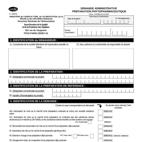 Aperçu du document Demande administrative : préparation phytopharmaceutique — Professionnels, France (CERFA n°11906*02)