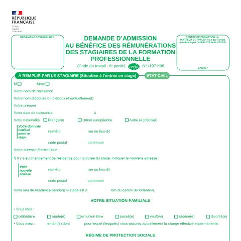 Aperçu du document Demande d'admission au bénéfice des rémunérations des stagiaires de la formation professionnelle — Particuliers, France (CERFA n°11971)