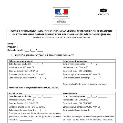 Aperçu du document Demande d'admission en Éhpad — Particuliers, France (CERFA n°14732*03)