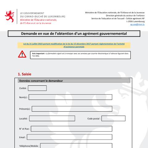 Aperçu du document Service d'éducation et d'accueil - Demande en vue de l’obtention d’un agrément gouvernemental (MENJE) — Creches foyers, Luxembourg (CERFA n°agrement-sea)