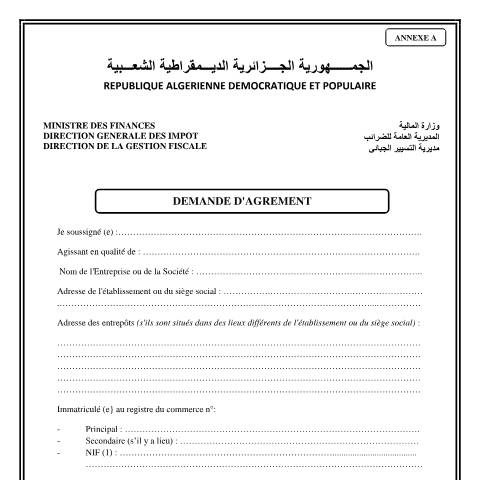 Aperçu du document Demande d'agrément relative aux activités de production, d'importation et de distribution d’alcool éthylique — Modèles de demandes, Algérie (CERFA n°Demande d agrement relative aux activites de production d importation et de dist)