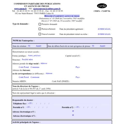 Aperçu du document Demande d'agrément d'une agence de presse — Professionnels, France (CERFA n°12405*06)