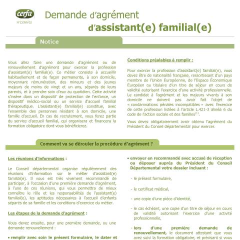 Aperçu du document Demande d'agrément d'assistant(e) familial(e) — Particuliers, France (CERFA n°13395*02)