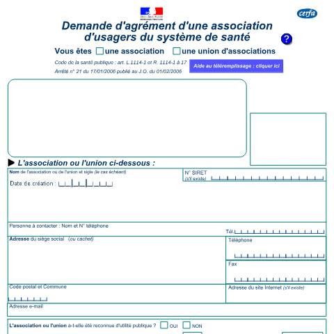 Aperçu du document Demande d'agrément d'une association d'usagers du système de santé - Fiche A — Particuliers, France (CERFA n°12623*02)