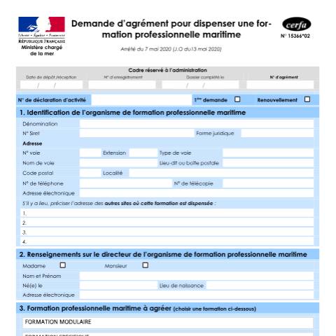 Aperçu du document Demande d'agrément pour dispenser une formation professionnelle maritime — Professionnels, France (CERFA n°15366*02)